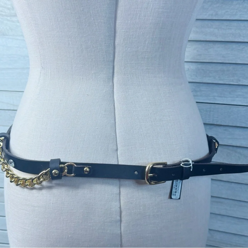 Bebe Leather Belt with Rhinestones and Gold Chains. New with Tags. Size M/L